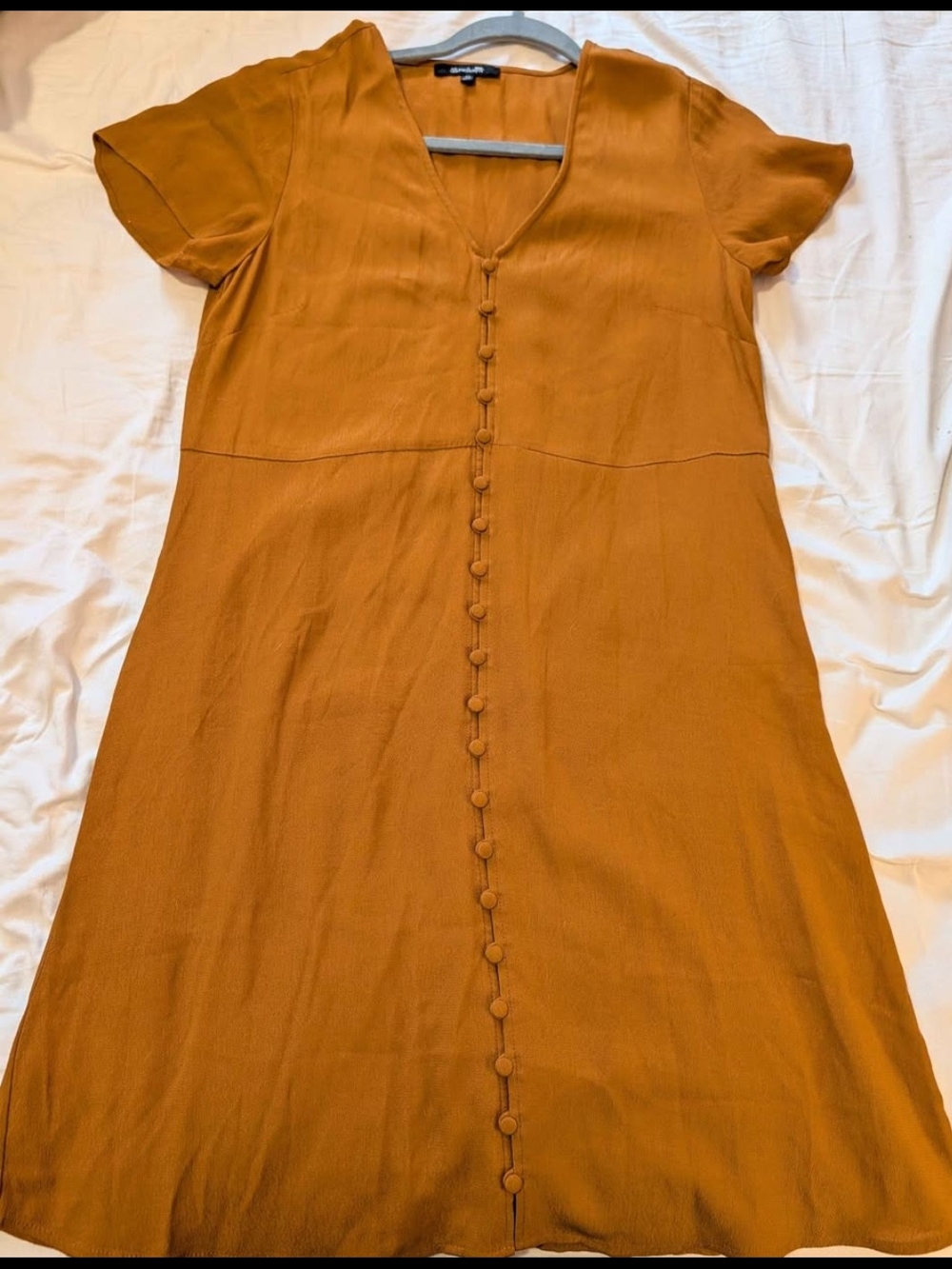 MADEWELL WOMEN OCHRE BROWN CREPE V NECK BUTTON FRONT DRESS